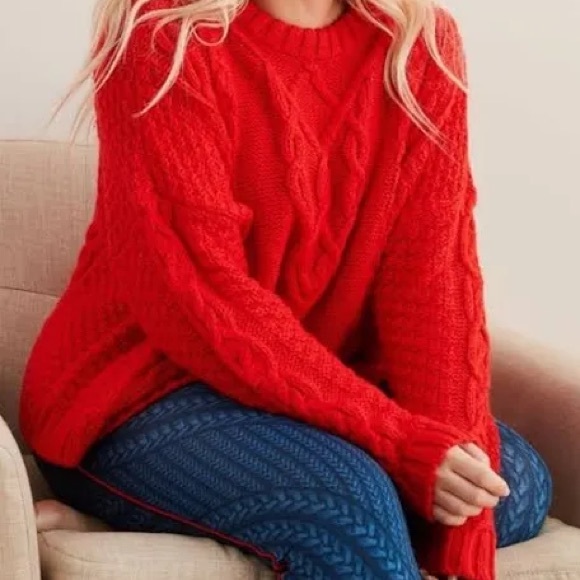 American eagle aerie red sweater cable knit pullover size small - Picture 1 of 10